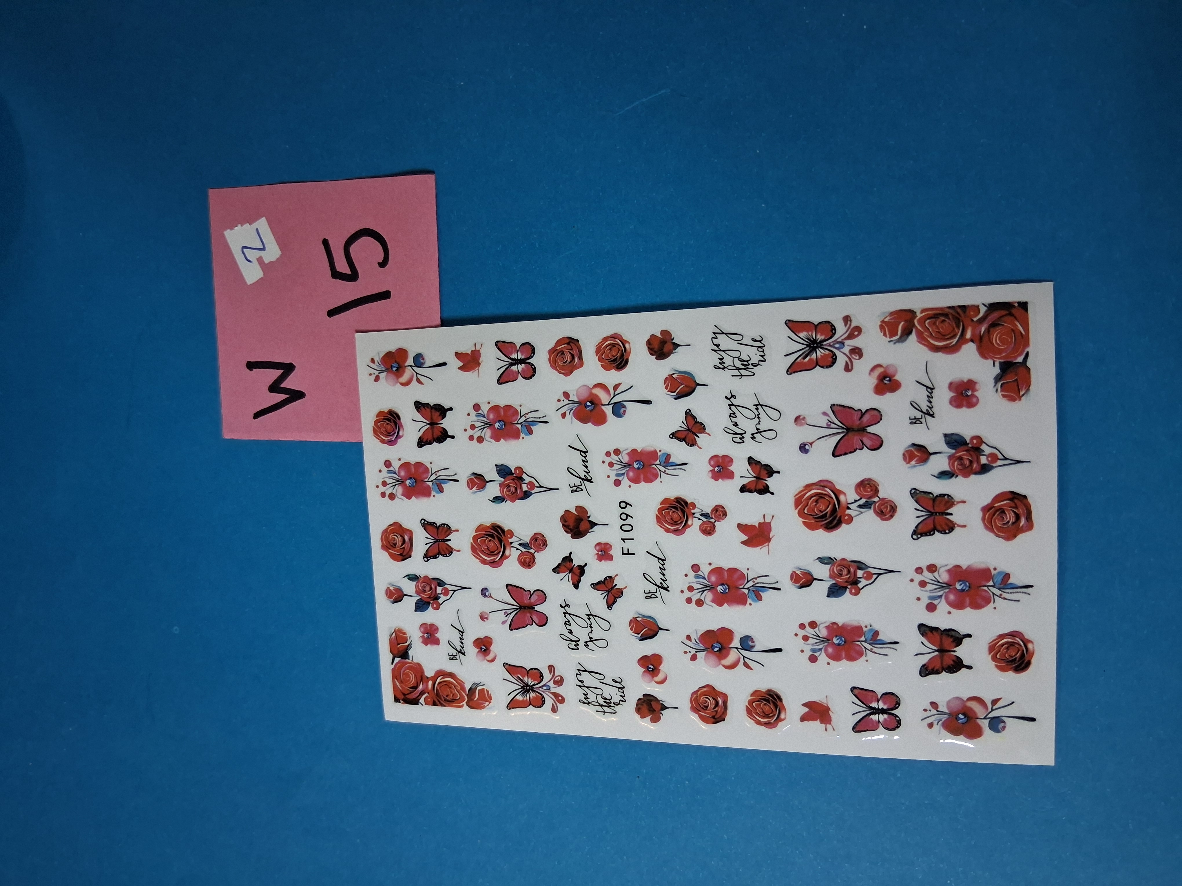 Nail Art Stickers — INV 15W-2 Red Roses & Butterflies "Be Kind" (F1099, 1 sheet)